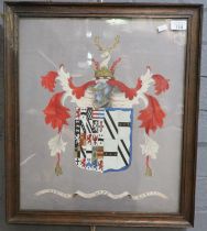 Framed hand painted armorial bearing Latin motto 'Flecti Mens Nescia' (A mind that cannot be bent)