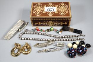 Wooden inlaid box comprising assorted costume jewellery and sterling beaded necklace. (B.P. 21% +