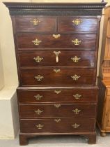 George III mahogany tallboy chest on chest having moulded frieze over dental cornice, two short