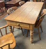 Victorian style pine kitchen table with single end drawer on baluster turned tapering legs (175cm