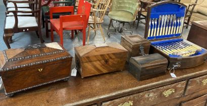 Group of assorted boxes and caddies to include: William IV rosewood sarcophagus shaped tea caddy,