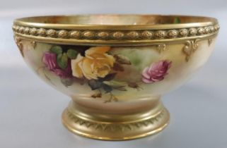 Royal Worcester porcelain pedestal bowl, hand painted with roses and foliage with repeating beaded