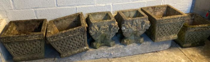 Collection of assorted reconstituted stone garden planters including four similar square shaped with