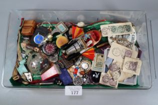 Plastic box comprising Corgi Chitty Chitty Bang Bang car, Victorian envelopes, letters and stamps,
