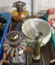 Box of items to include: early 20th century double oil burner lamps and a ceramic two handle