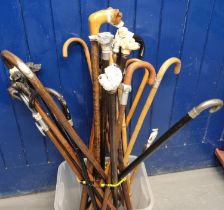 Good collection of assorted walking sticks and canes, many with moulded or carved dog head mounts,