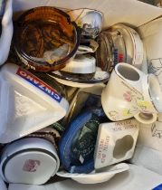 Box of ceramic and glass advertising ash trays etc. (B.P. 21% + VAT)