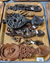 Collection of modern hand carved oak and other Welsh Love Spoons, varying designs including: Welsh