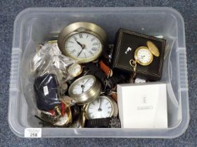 Plastic box of assorted wristwatches, modern pocket watches, alarm clocks, Goliath style pocket