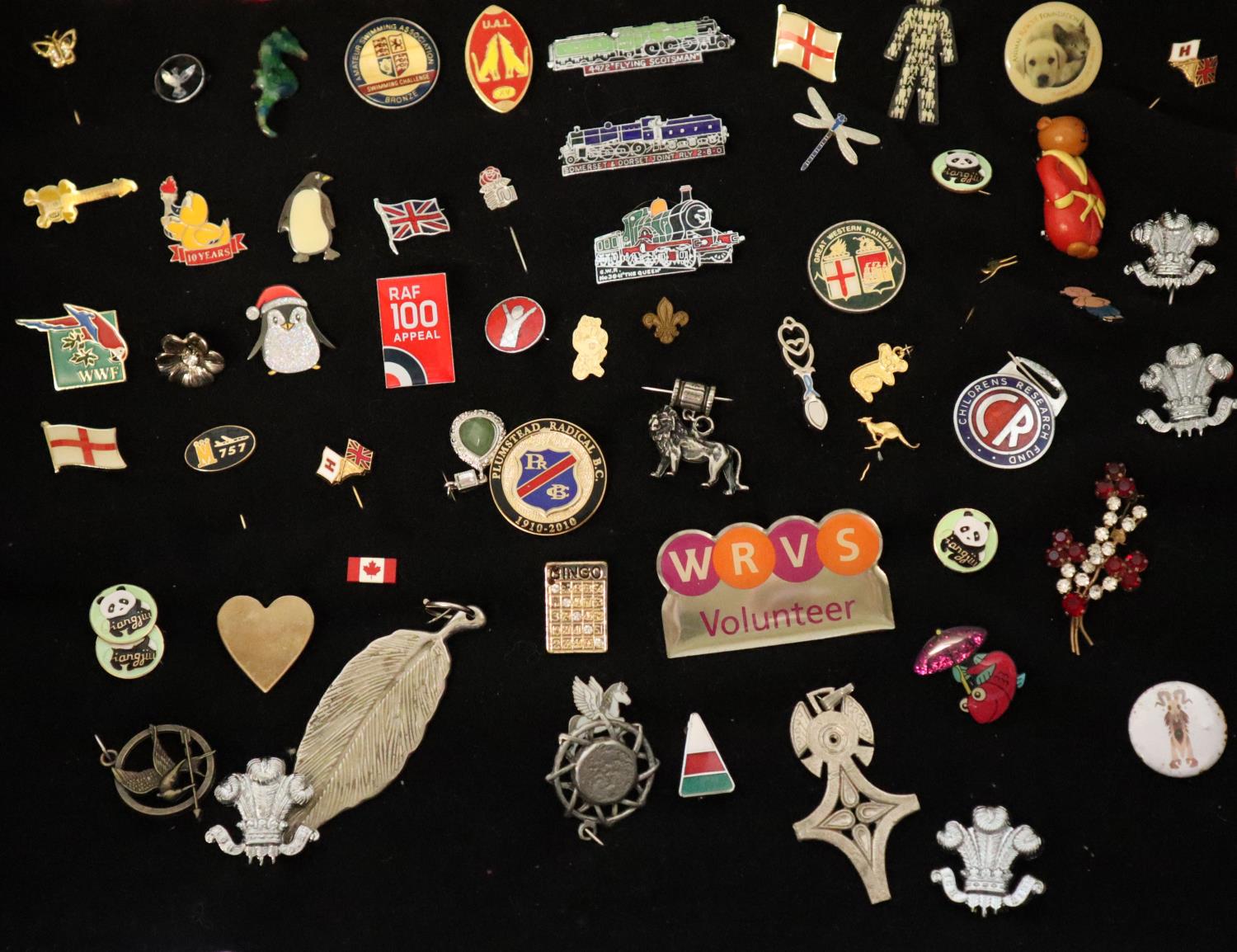 Collection of vintage pad badges, pendants and Prince of Wales cap badges including enamel badges,