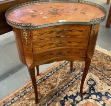 20th century French kidney shaped inlaid occasional table with metal gallery and three fitted