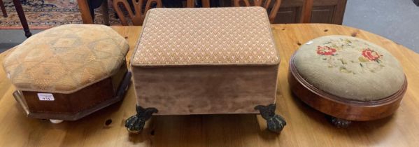 Group of three 19th century and later upholstered foot stools, to include rectangular shaped with