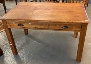 19th century pine writing table with single frieze drawer on square legs. 125cm wide approx. (B.P.