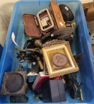 Box of oddments to include: animal figurines, brass study of Jesus, spelter figurines etc. (B.P. 21%