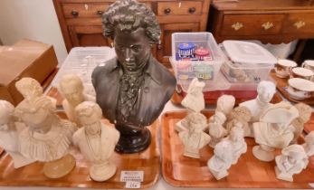 Two trays of mainly resin and Parian Ware style busts of Napoleon, classical composers, Mozart