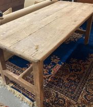 Rustic pine dairy table with cleated three plank top on square legs. 180cm wide approx. (B.P.