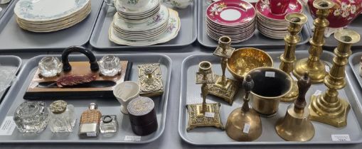 Tray of brass ware to include: candle sticks, bells, mortar etc. together with another tray of