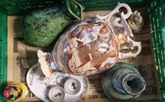 Crate of ceramics to include: Japanese Satsuma vase, pottery jugs, blue and white Chinese style