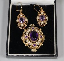 9ct gold Victorian design seed pearl and amethyst brooch, together with a pair of