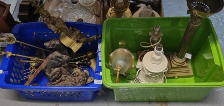 Box of brass and other table lamps together with a box of metalware including companion set, cast