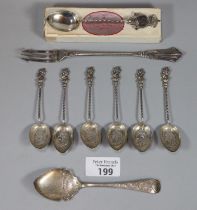 Bag of mainly silver spoons: commemorative etc. together with a silver pickle fork. 3.6 troy oz