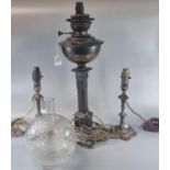 Early 20th century oil burner lamp, now converted to electricity, having globular frosted and etched