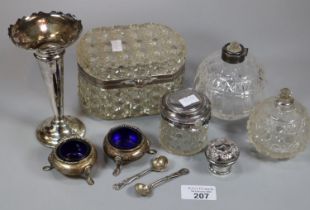 Tray of silver, silver plated and glass items to include: pair of silver salts with blue glass