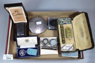 Box of oddments to include: cased Long Service The National Operatic Dramatic Association medal,