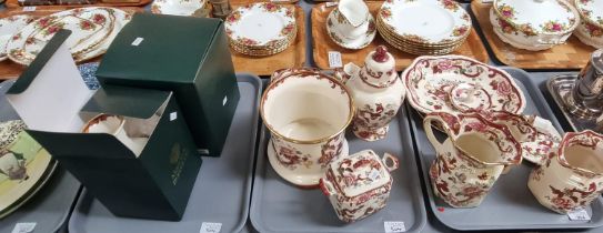 Three trays of Masons Ironstone 'Mandalay Red' design items to include: pouch shaped dresser jugs,