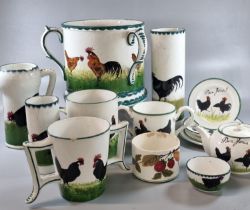 Collection of 19th century Wemyss pottery items, mainly depicting cockerels to include: large tyg,