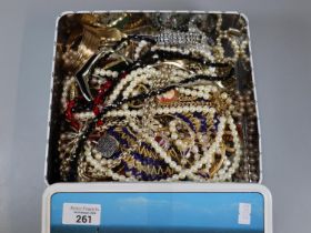 Metal tin containing assorted costume jewellery: pearls, bangles, bracelets, pendants etc. (B.P. 21%
