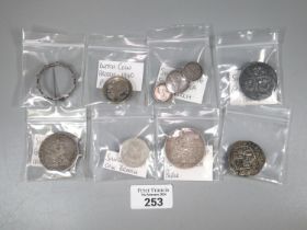 Collection of silver and other brooches to include: 1819 George III coin, German coin, Dutch