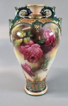 Royal Worcester and James Hadley porcelain hand painted two handled baluster vase depicting roses