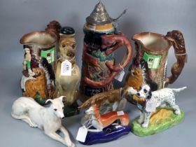 Collection of ceramic dogs including: Lurchers and Alton Setter dog with prey together with two