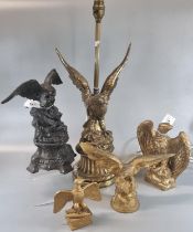 Collection of gilded metal and modern eagle sculptures/studies, one now in the form of a table lamp.