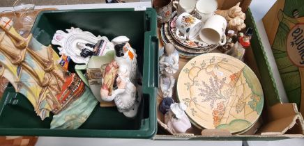 Two boxes of assorted china, various to include: Staffordshire flatback figures, Royal Doulton