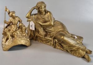 Ormolu sculpture of Cleopatra on a chaise together with a gilded metal mount of a soldier with flag,