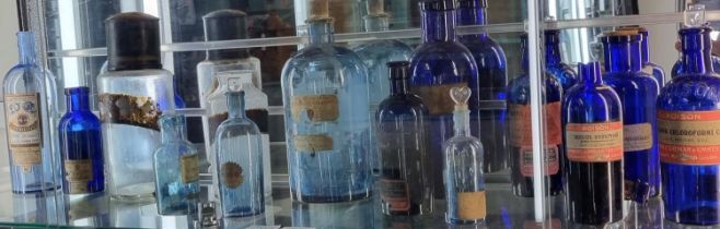 Collection of 19th century Bristol Blue glass and other apothecary jars/bottles, many with