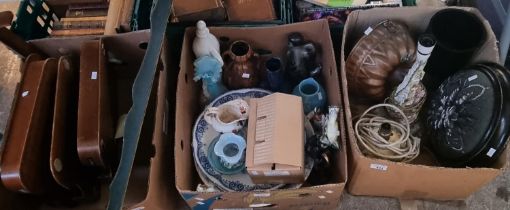 Three boxes of assorted items to include: trays, glass, Victorian stool, copper mould, baluster