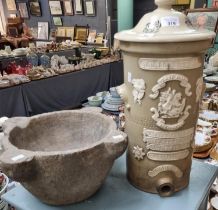 Stone rustic mortar now with drilled hole to the base together with a W. M. Jowett & Co stoneware