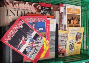 Crate of books to include: Bottles and Bottle Collecting, Cigarette Card Values, Arsenal FC