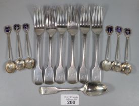 Bag of silver flatware: spoons and forks, some with blue enamel terminals marked Calcutta, Bombay