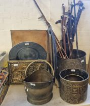 Collection of metalware to include: brass coal scuttle, brass log bins, trivet stands, coal box,