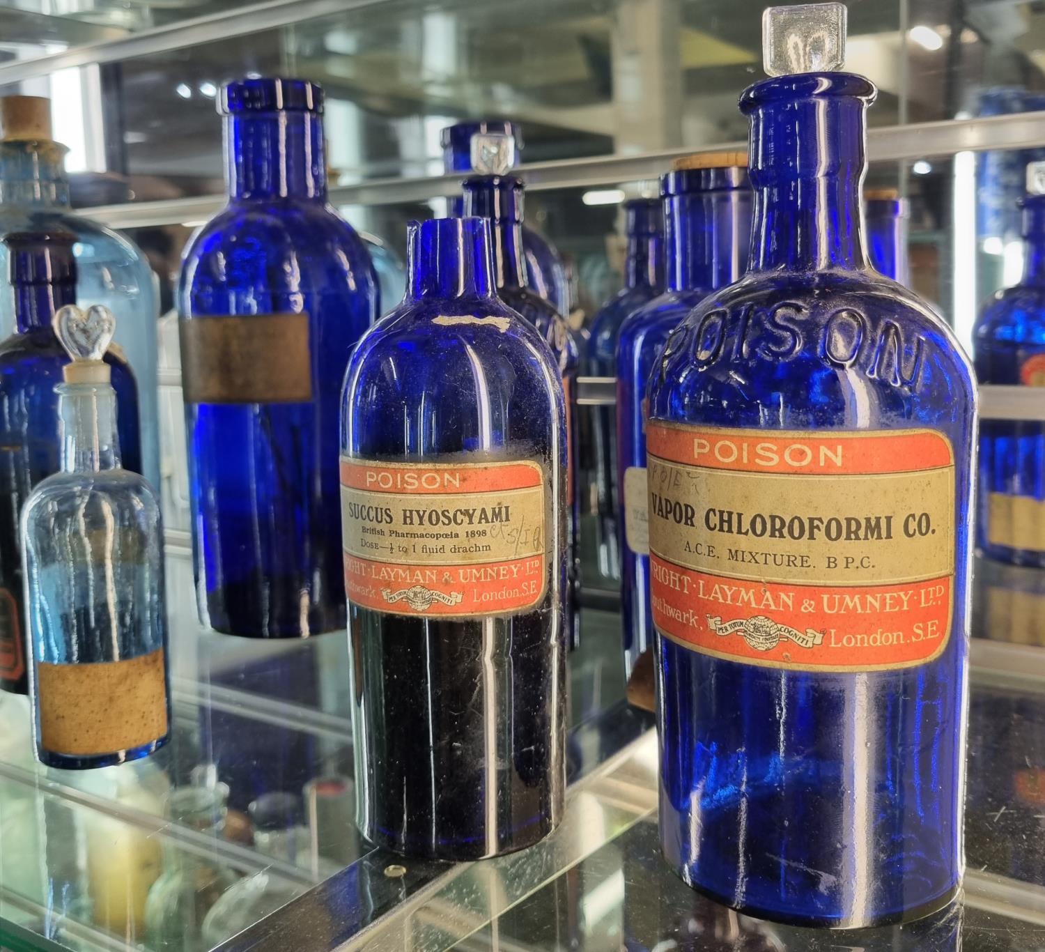 Collection of 19th century Bristol Blue glass and other apothecary jars/bottles, many with - Image 2 of 2