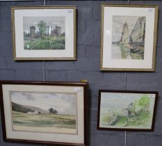 Group of assorted watercolours to include: castle study (possibly Warwick), farmstead in