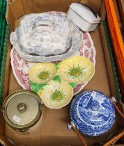 Box of china to include: Llanelly Pottery 'Cherry' pattern biscuit barrel and cover, Copeland