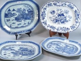 Three 19th century Chinese export porcelain Canton blue and white platters, the largest 40cm