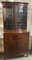 Georgian style mahogany bow fronted secretaire bookcase with cross banded and strung outlines, three