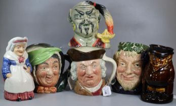 Four Royal Doulton character jugs to include: 'Sam Johnson', 'Bacchus' D6499, 'The Genie' D6892 etc.