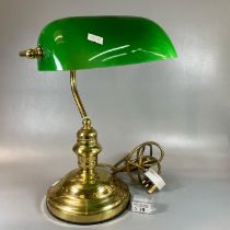 Modern brass desk or bankers lamp with green glass shade. (B.P. 21% + VAT)